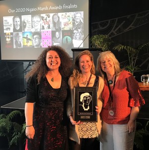 Ngaio Marsh Awards judge and event MC Vanda Symon (left) with 2020 Best Novel winner Becky Manawatu (centre) and Mākaro Press publisher Mary McCallum at WORD Christchurch. 