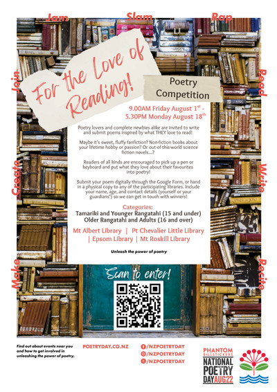 Auckland Libraries Mt Albert etc For the Love of Reading Competition Poster.png